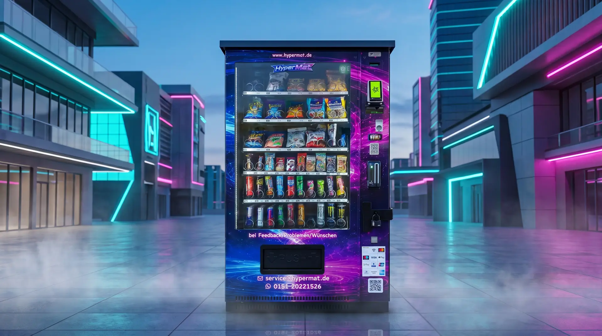 HyperMat Verkaufsautomat mit Snacks, Getränken und internationalen Trendprodukten in einer modernen futuristischen Stadtkulisse mit Neonbeleuchtung.