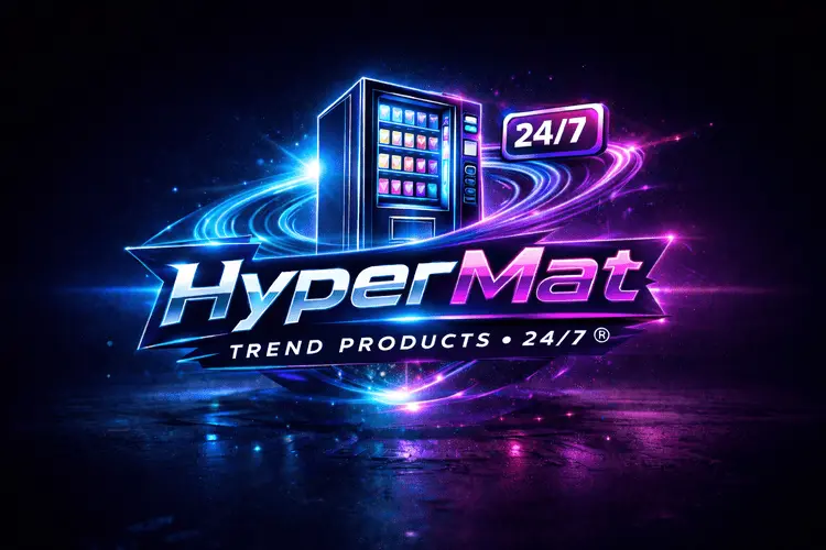 HyperMat Logo – Trend Products 24/7 mit Verkaufsautomat in blau-pinkem Neon-Design