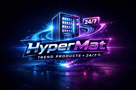 HyperMat Logo – Trend Products 24/7 mit Verkaufsautomat in blau-pinkem Neon-Design